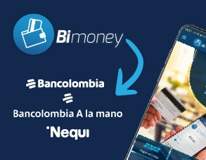 Persona realizando una transferencia de dinero desde Bimoney a Bancolombia, A la Mano o Nequi